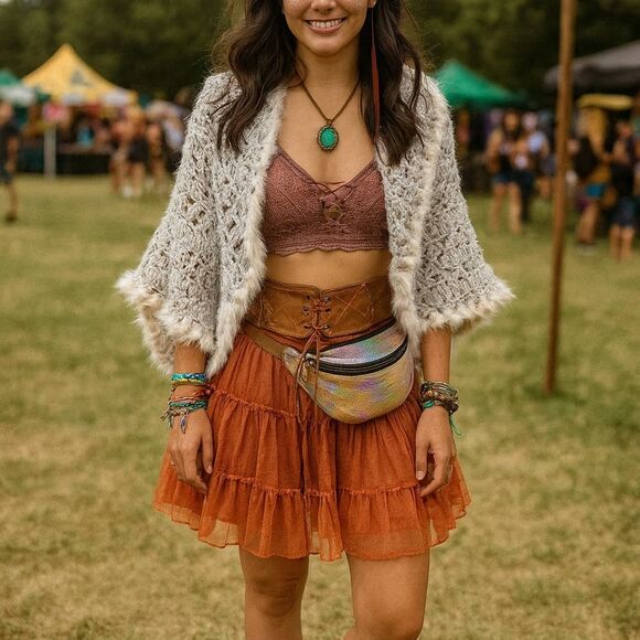 Grey Crochet Rabbit Fur Trim Wool Blend Open Knit Cardigan S/M Festival - Picture 1 of 6